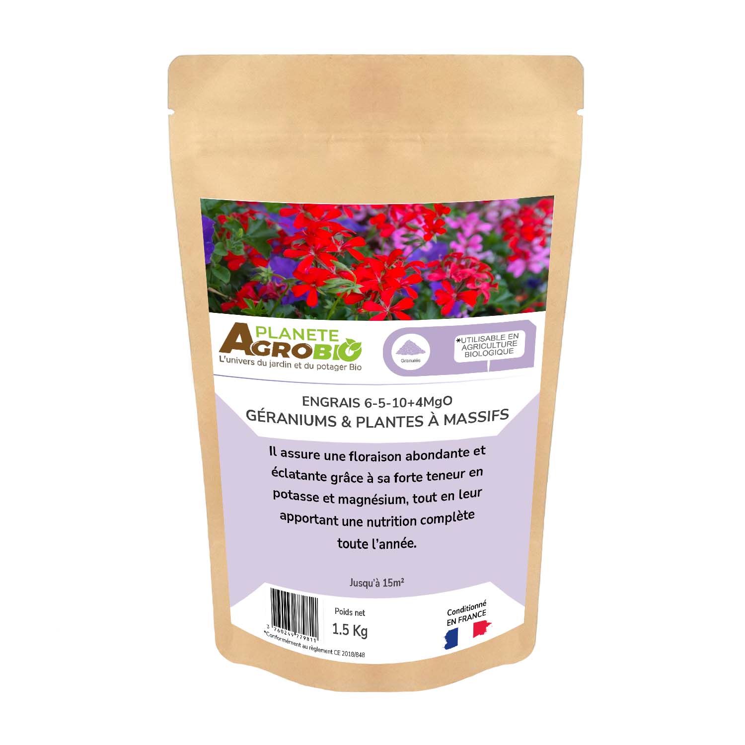 Engrais micro granulés géraniums & plantes à massifs 1.5Kg (NPK 6-5-10)